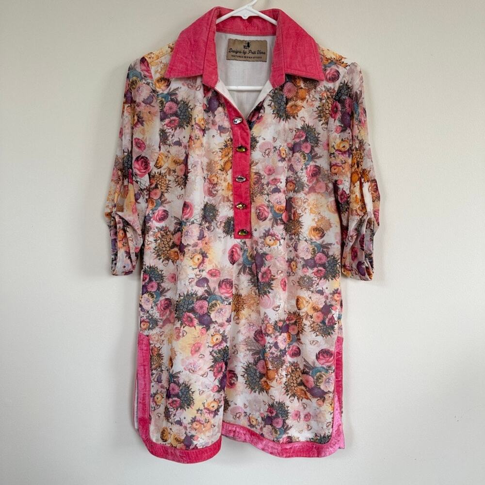 Designs by Priti Vora Floral Tunic Top Pink Velvet Trim Embellished Women's S